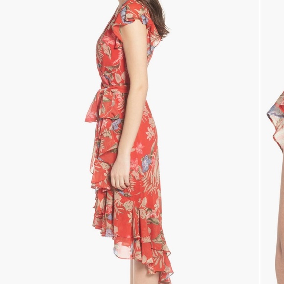 WAYF Clara Wrap Dress Botanical Red Print Floral High Low Ruffle Hem Size Medium - Picture 9 of 16
